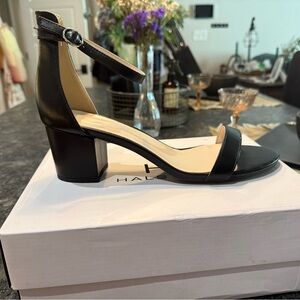 Halston Heritage Black Leather Ankle-Strap Block Heel Sandals